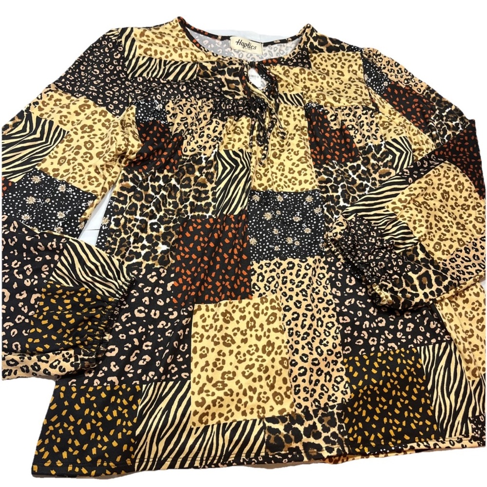 Brown Animal Print Patchwork Long Sleeved knit NEW shirt Keyhole Neck womens 1X